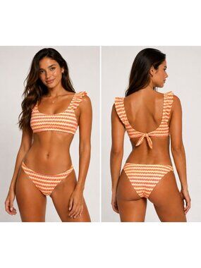 Aerie Ruffled Scoop Bikini Set XS Multicolor Stripe Orange Tie Back